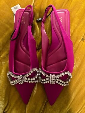 Zara Women's Fuchsia Satin Pointed Toe Flats with Crystal Buckle